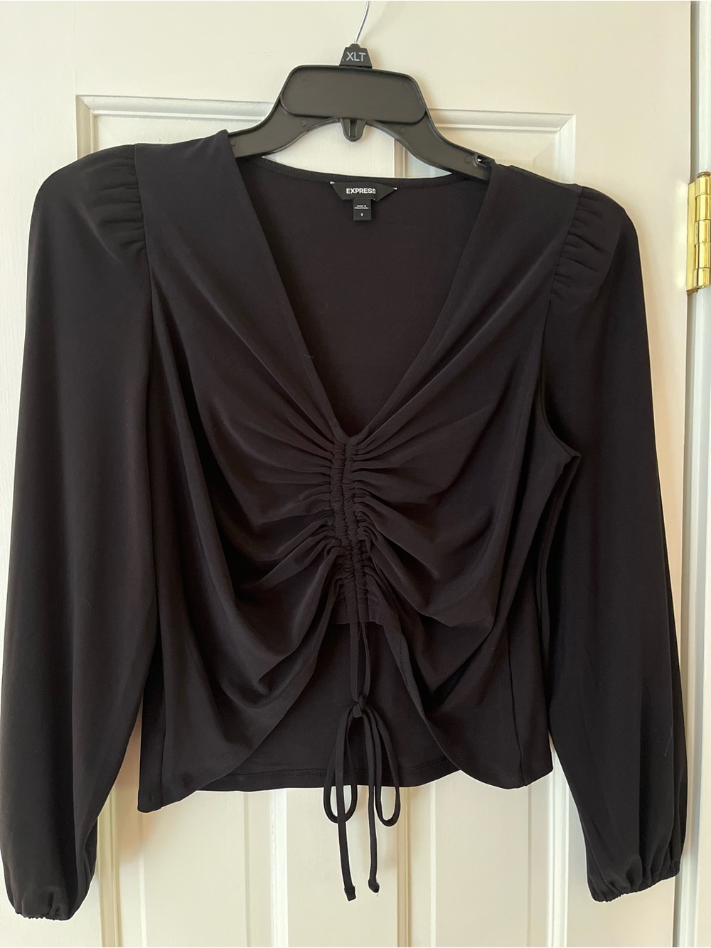 Express Black Ruched Cinch V-Neck Long Sleeve Top